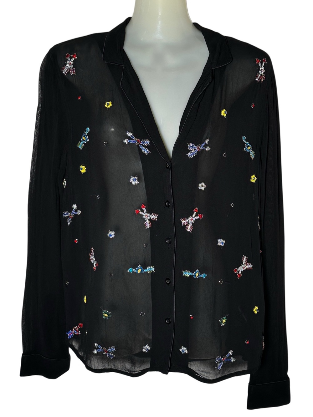 Topshop Black Sheer Button-Down Blouse with Multicolor Stones Hand beaded Size 6